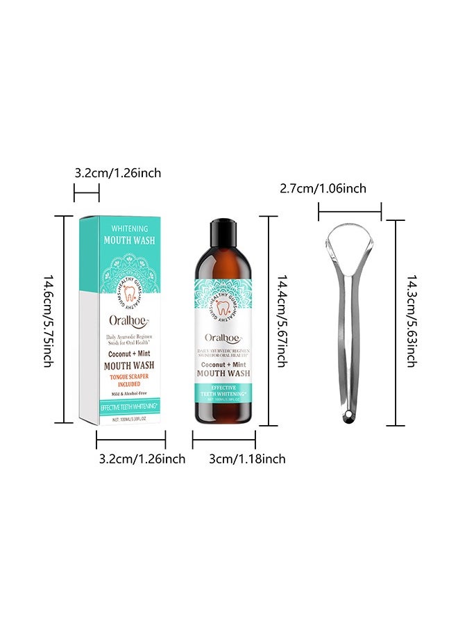 ORALHOE - Whitening Mouth Wash,Coconut & Peppermint Oil with Tongue Scraper Inside the Box - Natural, Alcohol Free Mouthwash to Help With Fresh Breath, Teeth Whitening and Healthier Teeth & Gums 100ml - Image 1
