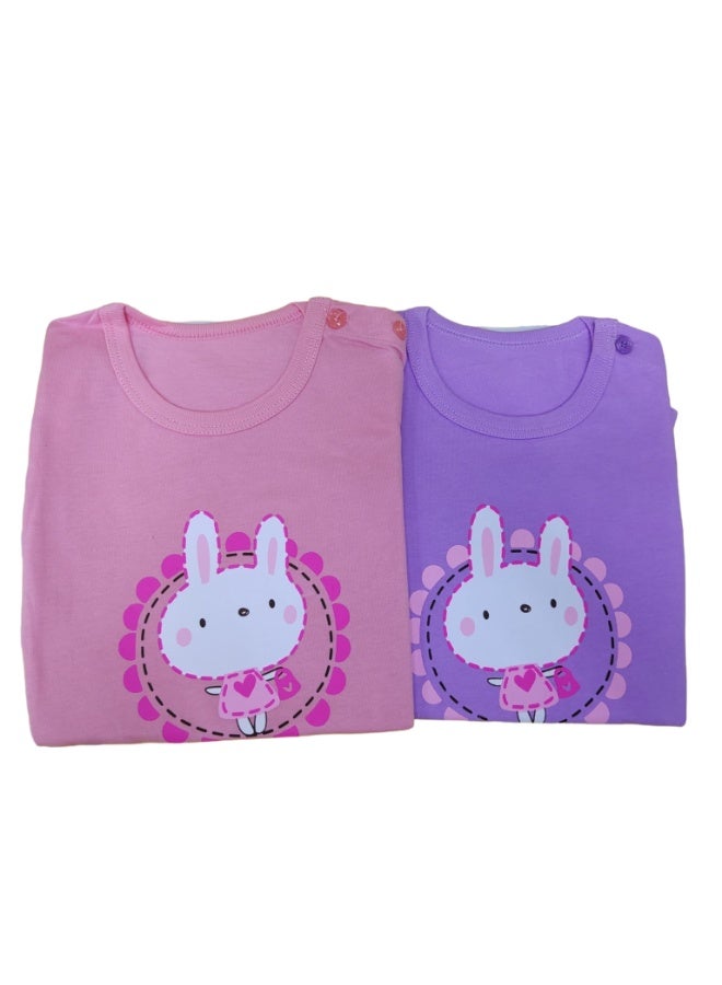 AIWANTO 2 Set Summer Baby Girl Bunny Cotton Pajama Set T-Shirt & Pants Set Coral Pink & Purple (15-24months) - Image 1