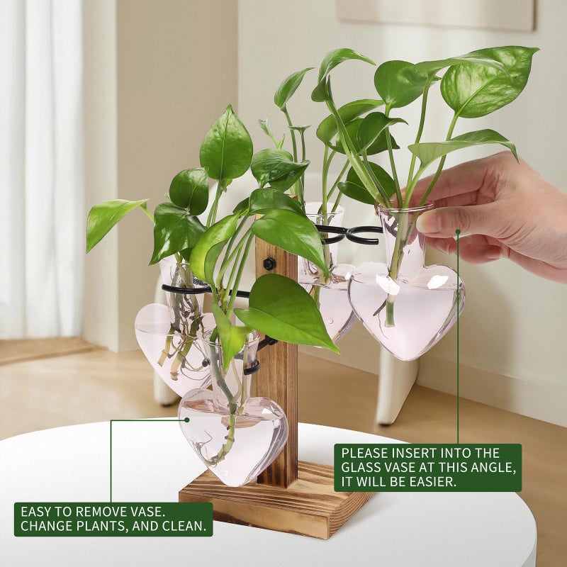 CYZglass Plant Terrarium Propagation Stations with Wooden Stand, Glass Vase for Indoor Hydroponics Home Garden Office Decoration Gift for Women - 4 Love Bulb Vase - Image 3