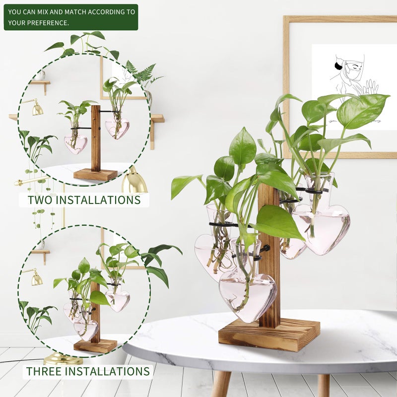 CYZglass Plant Terrarium Propagation Stations with Wooden Stand, Glass Vase for Indoor Hydroponics Home Garden Office Decoration Gift for Women - 4 Love Bulb Vase - Image 5