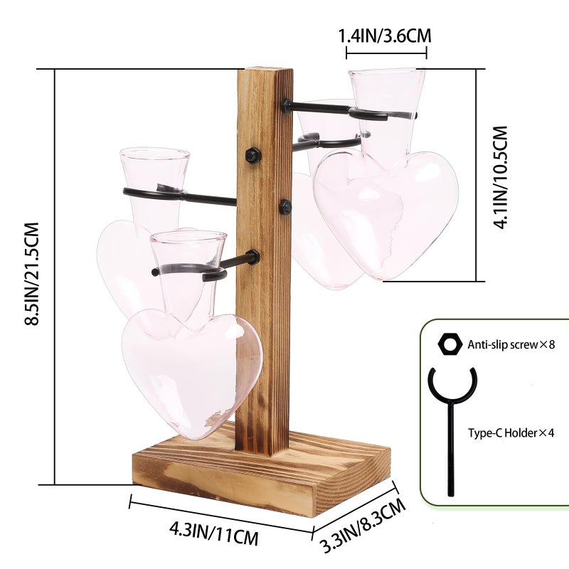 CYZglass Plant Terrarium Propagation Stations with Wooden Stand, Glass Vase for Indoor Hydroponics Home Garden Office Decoration Gift for Women - 4 Love Bulb Vase - Image 2