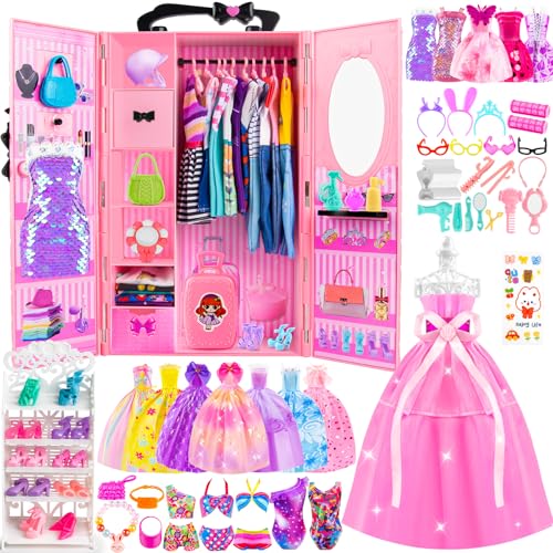 TQRAZ 137 Pcs Doll Closet Playset Clothes and Accessories for 115 Inch Dolls Included Princess DressesFashion DressesCasual ClothingSwimsuitsBagsShoesDoll Dress up Toys for Girls Kids Toddlers Gifts - Image 1