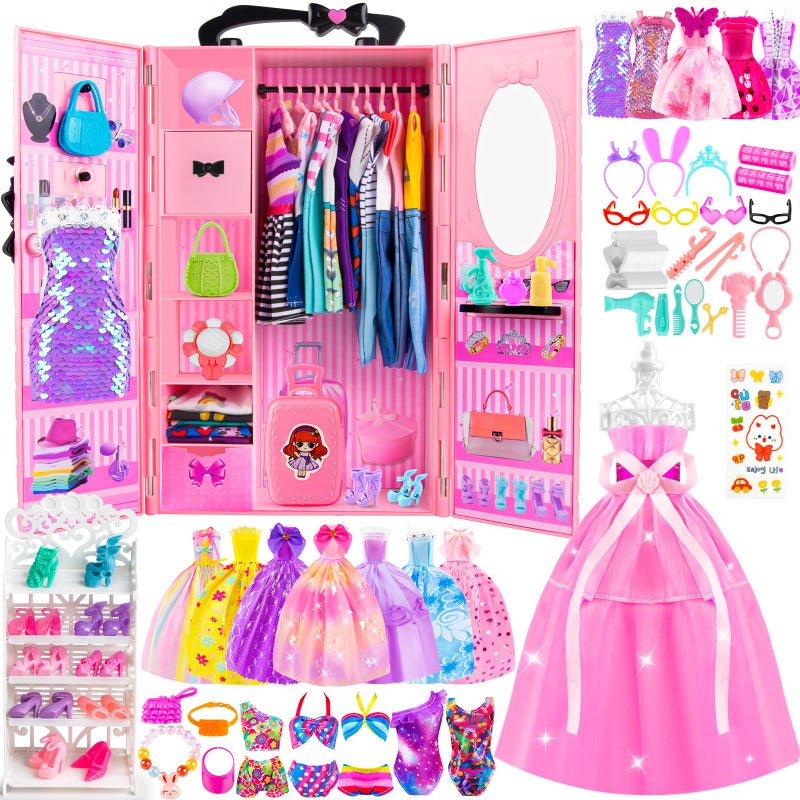 TQRAZ 137 Pcs Doll Closet Playset Clothes and Accessories for 115 Inch Dolls Included Princess DressesFashion DressesCasual ClothingSwimsuitsBagsShoesDoll Dress up Toys for Girls Kids Toddlers Gifts - Image 2