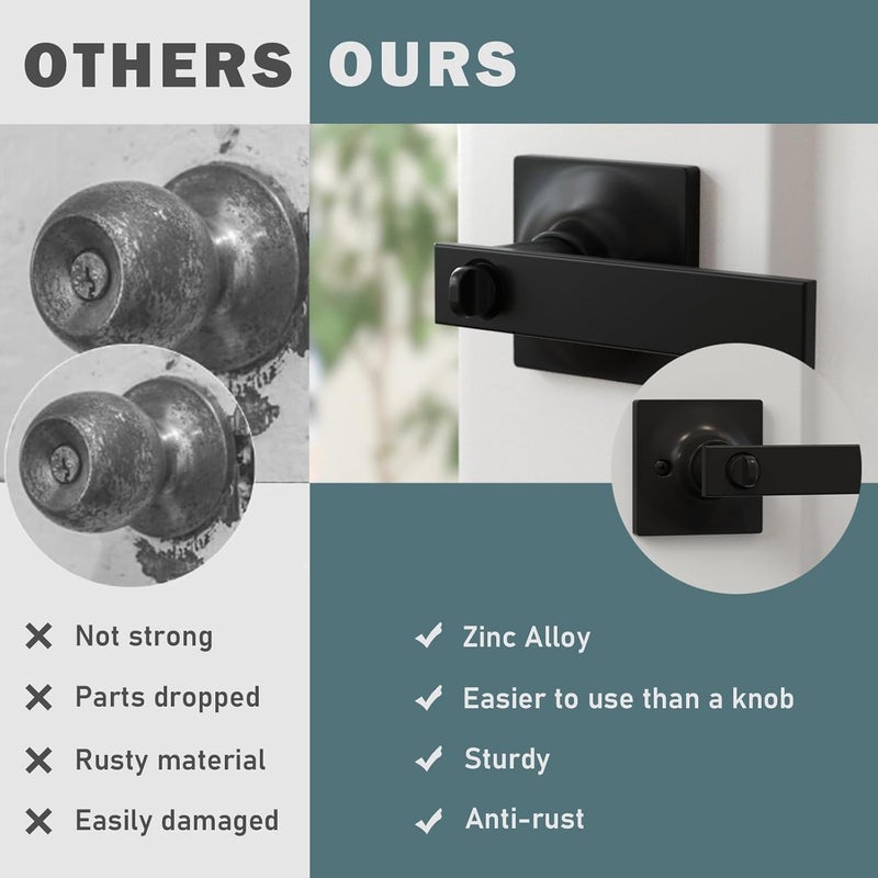 Voraus 4 Pack Matte Black Door Handles - Privacy Door Levers Set, Keyless Black Interior Door Knobs, Modern Heavy Duty Square Door Lock for Bedroom or Bathroom, Reversible for Left Right Sided Doors - Image 5
