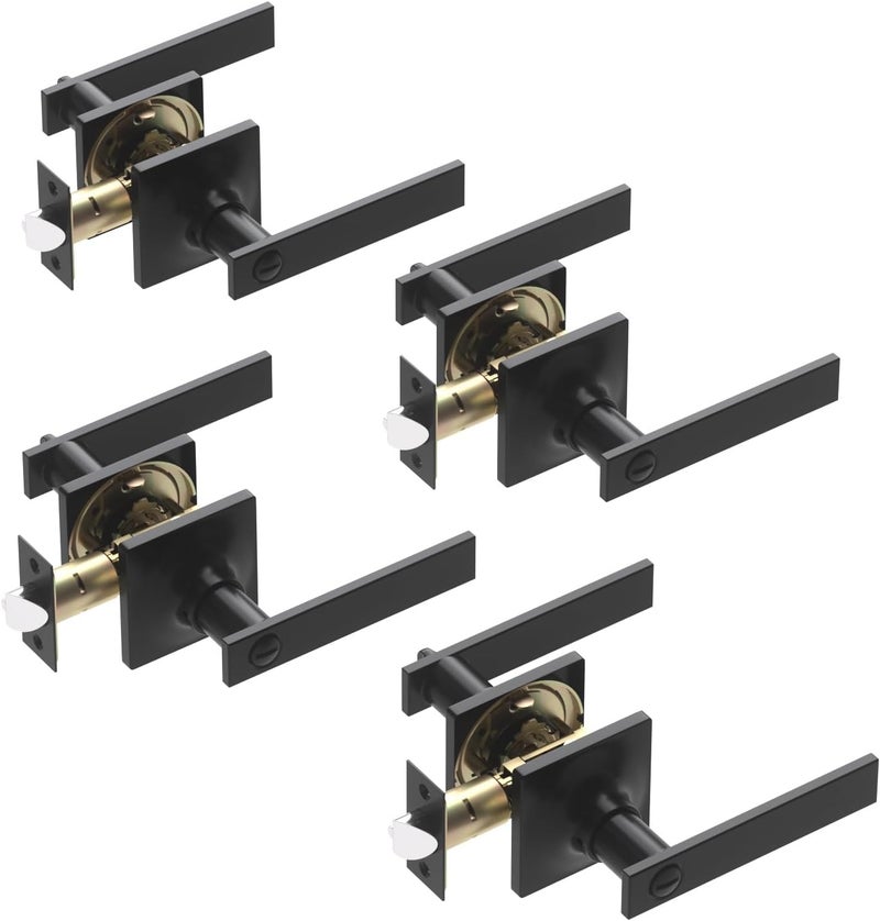 Voraus 4 Pack Matte Black Door Handles - Privacy Door Levers Set, Keyless Black Interior Door Knobs, Modern Heavy Duty Square Door Lock for Bedroom or Bathroom, Reversible for Left Right Sided Doors - Image 1