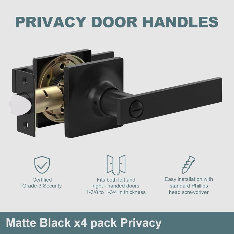 Voraus 4 Pack Matte Black Door Handles - Privacy Door Levers Set, Keyless Black Interior Door Knobs, Modern Heavy Duty Square Door Lock for Bedroom or Bathroom, Reversible for Left Right Sided Doors - Image 2