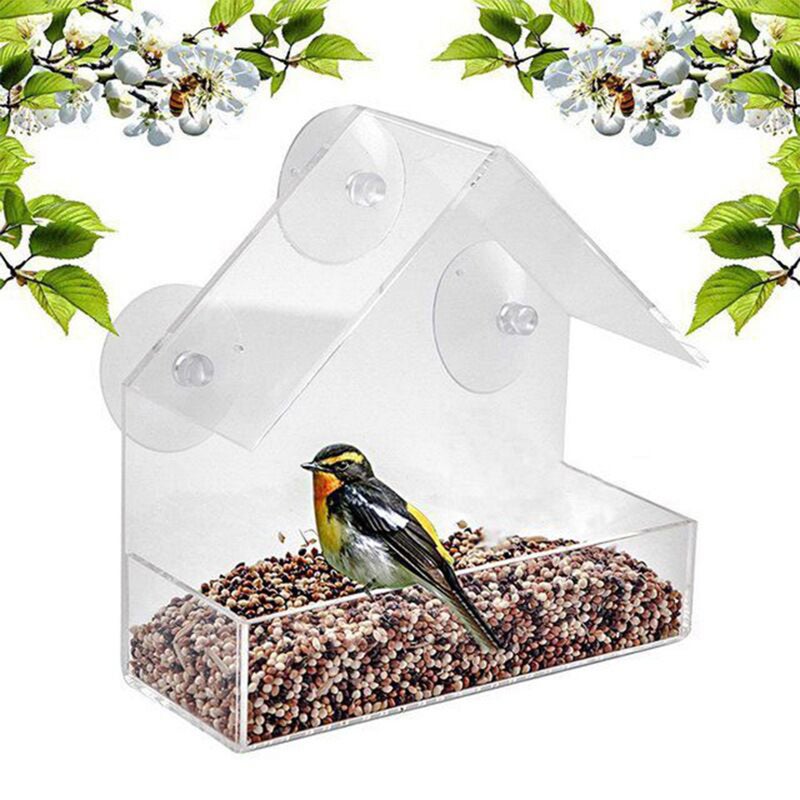 Bird Feeder Window Parrot Food Feeder Bird Feed Box Outdoor Birdfeeders Waterproof Acrylic House Shaped Bird Feeding Device with 4 Suction Cups - Image 1