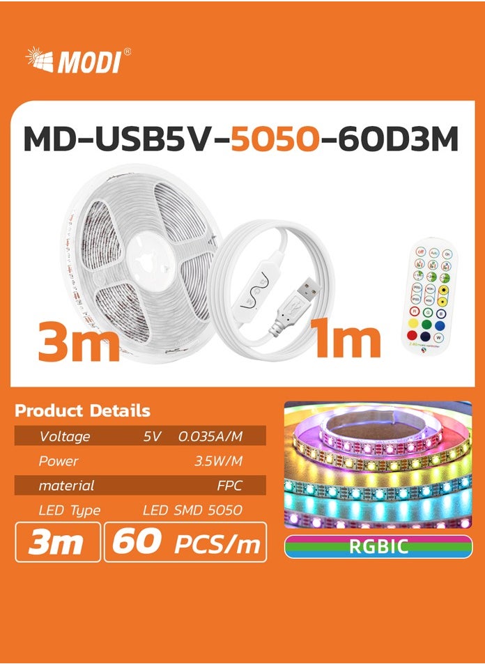 MODI - 3M RGBIC Multi Color LED Strip Light, USB Connectivity, Remote Control, 20+ Lighting Modes, Music Sync Modes, Timer Settings, For Gaming Setup, Entertainment, PC, TV, Room Decor - Image 1
