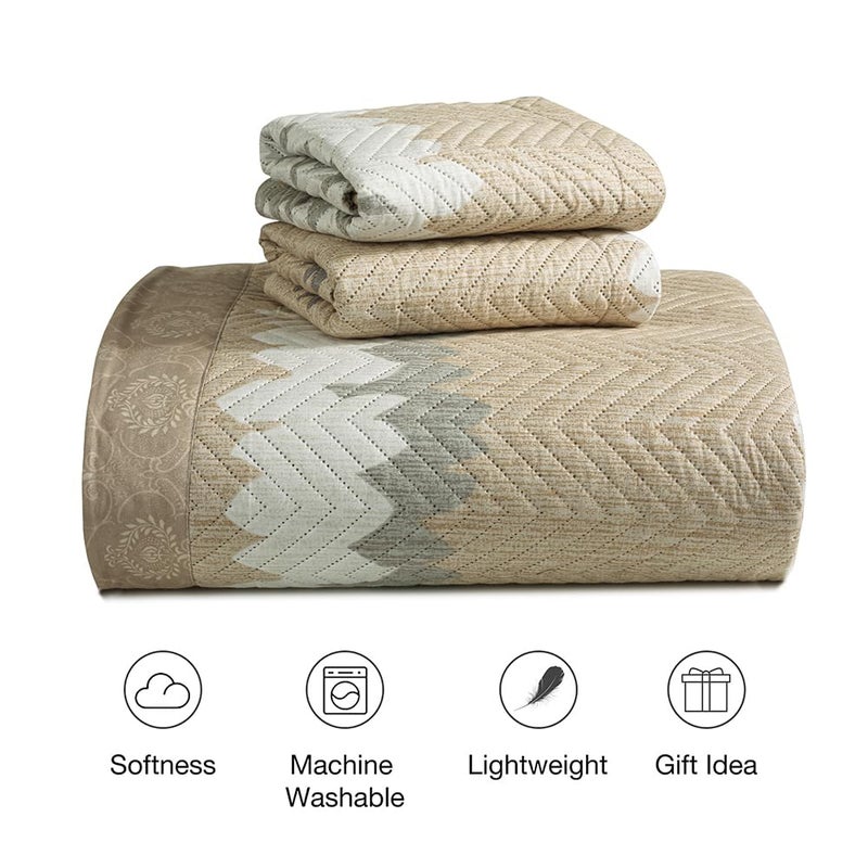 BSB مجموعة لحاف BSB HOME المطرز لجميع الأجواء 3 قطع مع أغطية الوسائد - غطاء سرير خفيف الوزن / لحاف / كويتي - مزدوج، 150 جرام لكل متر مربع | بيج وأبيض - Image 2