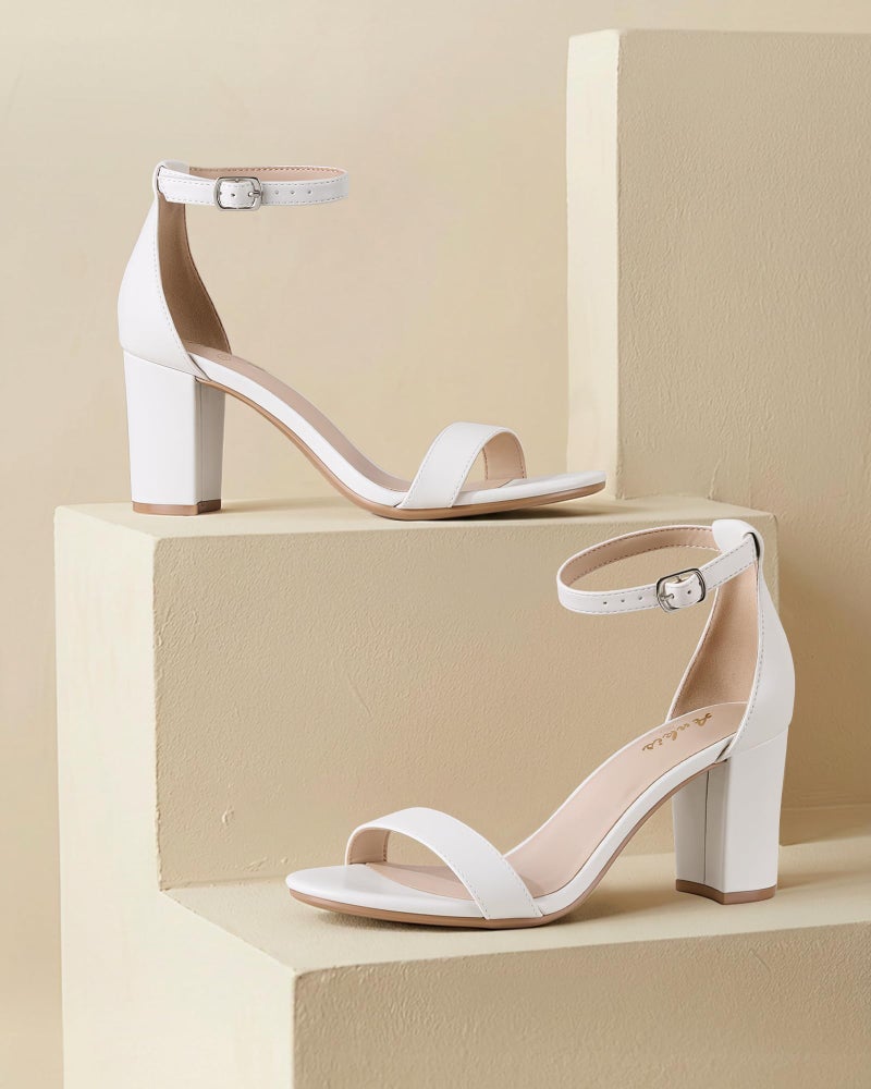 Ankis White Heels for Women - Open Toe Ankle Strap Chunky Heel Pump Sandals Party Wedding Strappy Buckle Sandals Standard Size 2.75 Inches Tall Thick Heel Design - Image 3