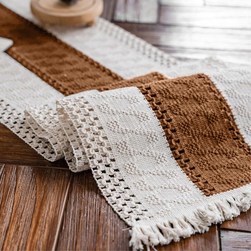 Alynsehom Macrame Table Runner Cream Beige and Caramel Boho Table Runners with Tassels Hand Woven Cotton Table Runner Rustic Farmhouse Table Runners for Bohemian Kitchen Dining Table(12x71in) - Image 1