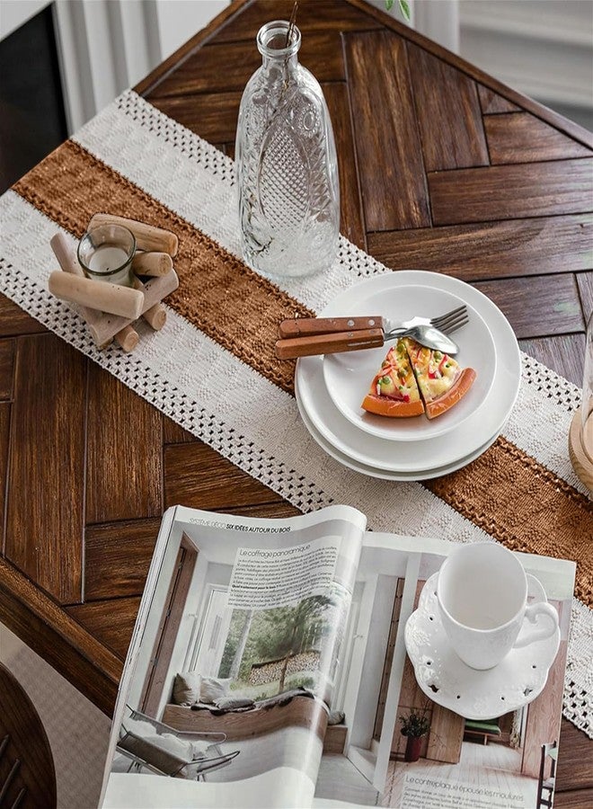 Alynsehom Macrame Table Runner Cream Beige and Caramel Boho Table Runners with Tassels Hand Woven Cotton Table Runner Rustic Farmhouse Table Runners for Bohemian Kitchen Dining Table(12x71in) - Image 2