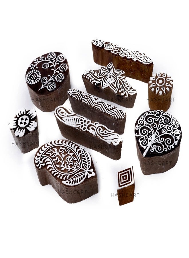 Hashcart Set of 10 | Multi Shape Floral Design baren for Block Printing | Wooden Stamps for Project Designing | Scrapbooking | Henna Mehndi | Finger Design | Clay | Pottery Craft - Image 1