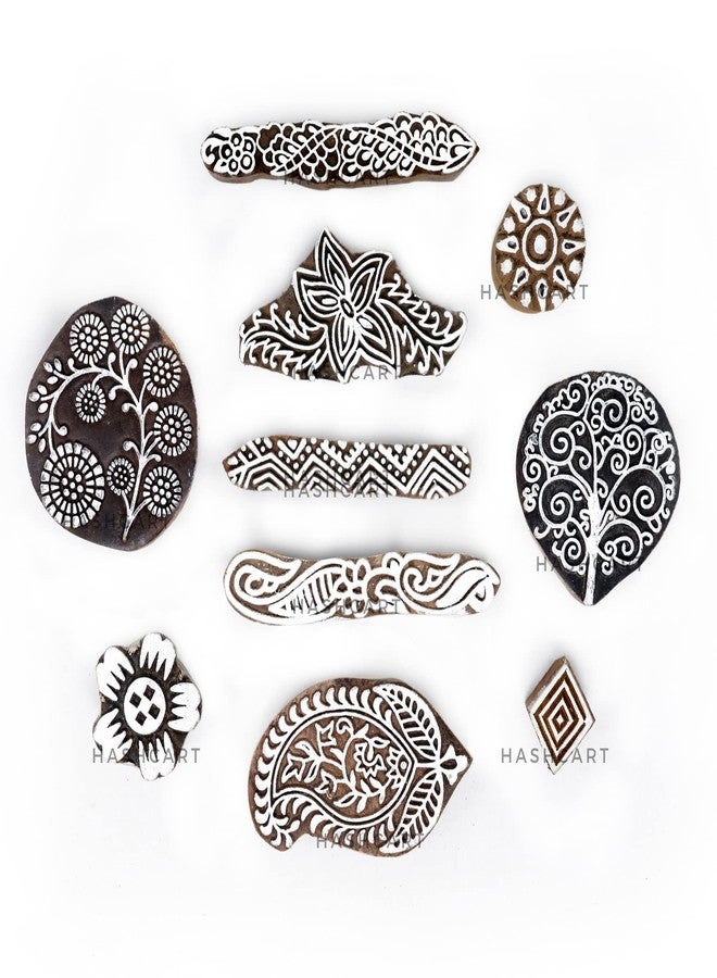 Hashcart Set of 10 | Multi Shape Floral Design baren for Block Printing | Wooden Stamps for Project Designing | Scrapbooking | Henna Mehndi | Finger Design | Clay | Pottery Craft - Image 2