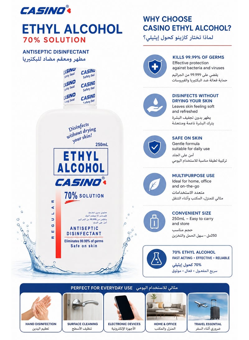 Casino Ethyl Alcohol 70% Solution Antiseptic Disinfectant for Skin & Everyday Use – 250ml - Image 2