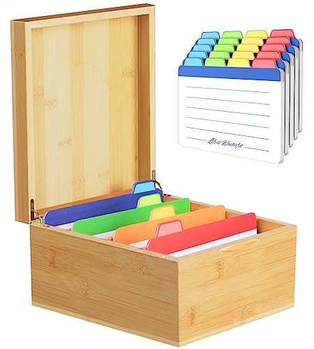 Neando Extra-Large Bamboo Index Card Organizer for 5x8 Cards – Wooden Storage Box with Lid, 4 Compartments, 600-Card Capacity, Includes 20 Tabbed Guides – Natural Filing Box for Home & Office - Image 1