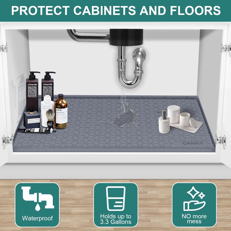 Canivi Under Sink Mat 34"" X 22"" Waterproof Silicone Under Sink Tray For Kitchen & Laundry Cabinets Kitchen Cabinet Shelf Protector Up To 3.3 Gallons Liquid Fits 36 Inch Standard Cabinet(Grey) - Image 4