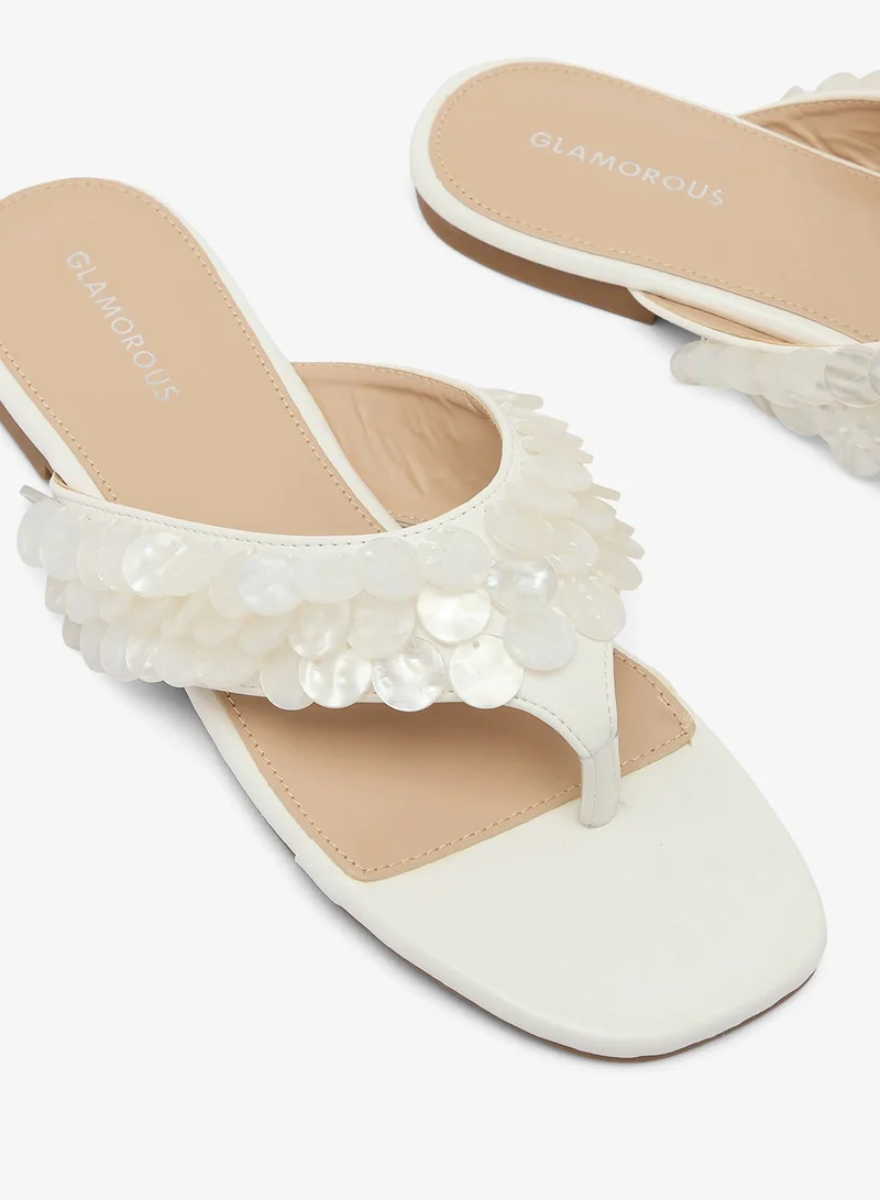 Glamorous OFF WHITE Shell Detail Flip Flops for Women | Best Price UAE