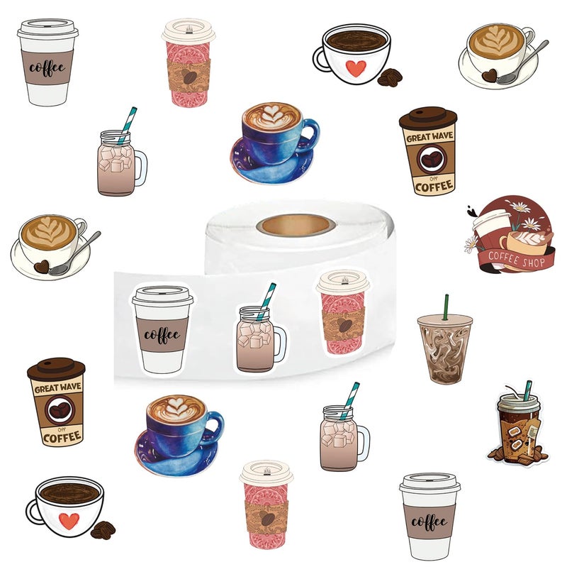 YEESACG 500Pcs Cute Coffee Stickers  Cartoon Drink 1 Inch Labels With 8 Patterns Decal Rolls Self Adhesive Seals For Scrapbooking Cards Envelopes  Gifts For Kids Teens Adults For Birthday Party Supply Reward - Image 1