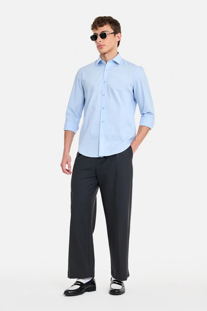 سنيتش Light Blue Solid Long Sleeve Regular Fit Shirt