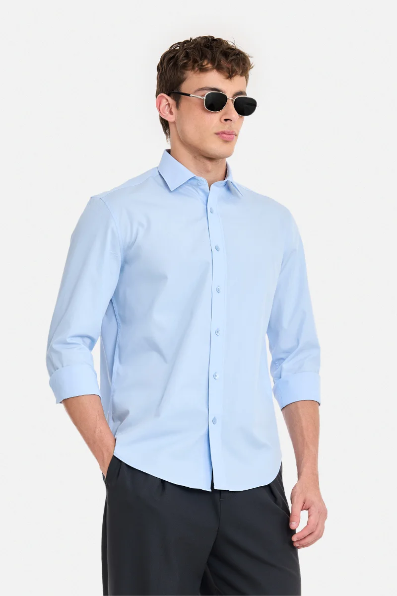 سنيتش Light Blue Solid Long Sleeve Regular Fit Shirt