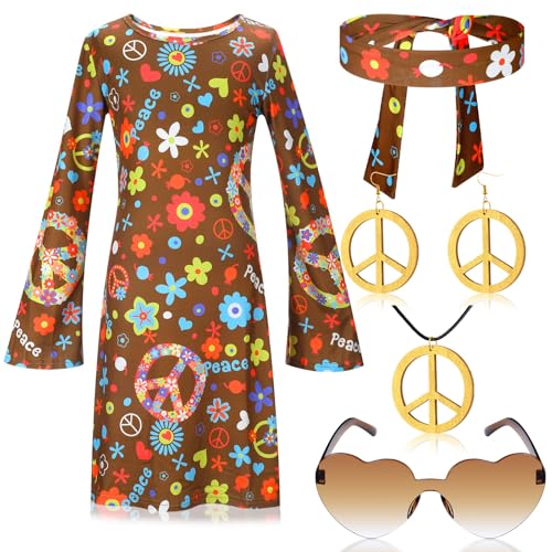 Heentan 6 Pcs Hippie Costume for Girls 70s 60s Dress Outfits for Halloween Boho Cosplay Party(Funny Style,Large) - Image 1