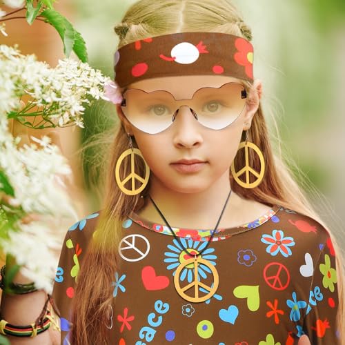Heentan 6 Pcs Hippie Costume for Girls 70s 60s Dress Outfits for Halloween Boho Cosplay Party(Funny Style,Large) - Image 4