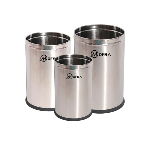 Mofna Stainless Steel Plain Open Dustbin/Stainless Steel Garbage Bin/Small, Medium and Large/ - 6 Litre (7"X10") + 11 Litre (8'' X 12'') + 18 Litre (10'' X 14'')- Set of 3 Solid Bin - Image 1