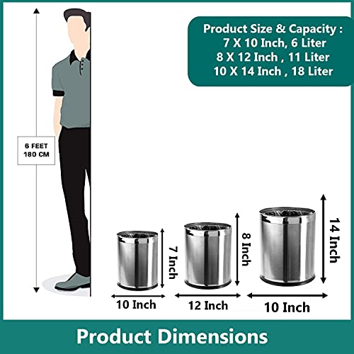Mofna Stainless Steel Plain Open Dustbin/Stainless Steel Garbage Bin/Small, Medium and Large/ - 6 Litre (7"X10") + 11 Litre (8'' X 12'') + 18 Litre (10'' X 14'')- Set of 3 Solid Bin - Image 3