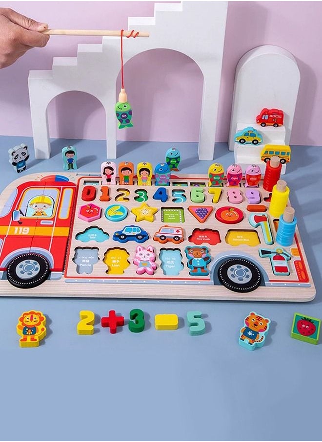 BAYBEE 5 In 1 Wooden Board Puzzle For Kids Toys, Montessori Toys With Fish Catching Game, Numbers, Shapes, Animals, Vehicles Puzzle, Learning Educational Puzzle Toys For Kids 2+Years Boy Girl  - Image 2