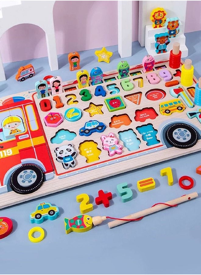 BAYBEE 5 In 1 Wooden Board Puzzle For Kids Toys, Montessori Toys With Fish Catching Game, Numbers, Shapes, Animals, Vehicles Puzzle, Learning Educational Puzzle Toys For Kids 2+Years Boy Girl  - Image 4