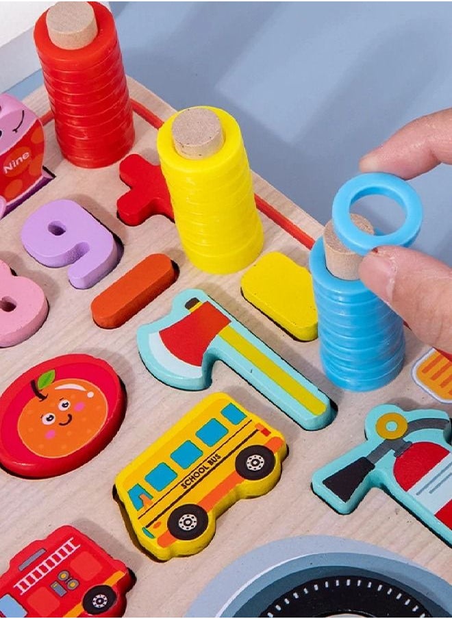 BAYBEE 5 In 1 Wooden Board Puzzle For Kids Toys, Montessori Toys With Fish Catching Game, Numbers, Shapes, Animals, Vehicles Puzzle, Learning Educational Puzzle Toys For Kids 2+Years Boy Girl  - Image 3
