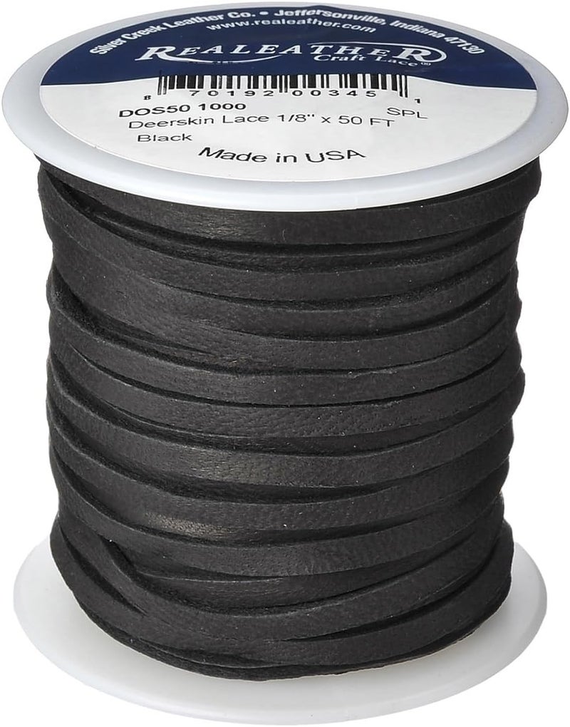 Realeather Silver Creek Leather Co Realeather DOS501000 Deerskin Leather Lace for Crafts and Jewelry Making 0125 x 50 Black 1Spool - Image 1