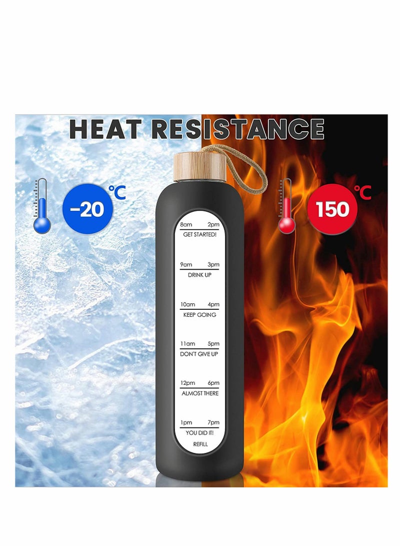 Excefore 32 Oz Borosilicate Glass Water Bottle with Time Marker Reminder Quotes, Leak Proof Reusable BPA Free Motivational Water Bottle with Silicone Sleeve and Bamboo Lid (Black) - Image 5