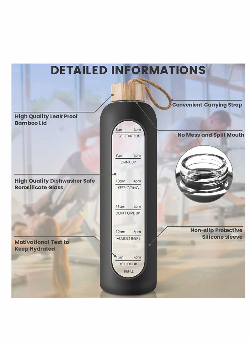 Excefore 32 Oz Borosilicate Glass Water Bottle with Time Marker Reminder Quotes, Leak Proof Reusable BPA Free Motivational Water Bottle with Silicone Sleeve and Bamboo Lid (Black) - Image 3