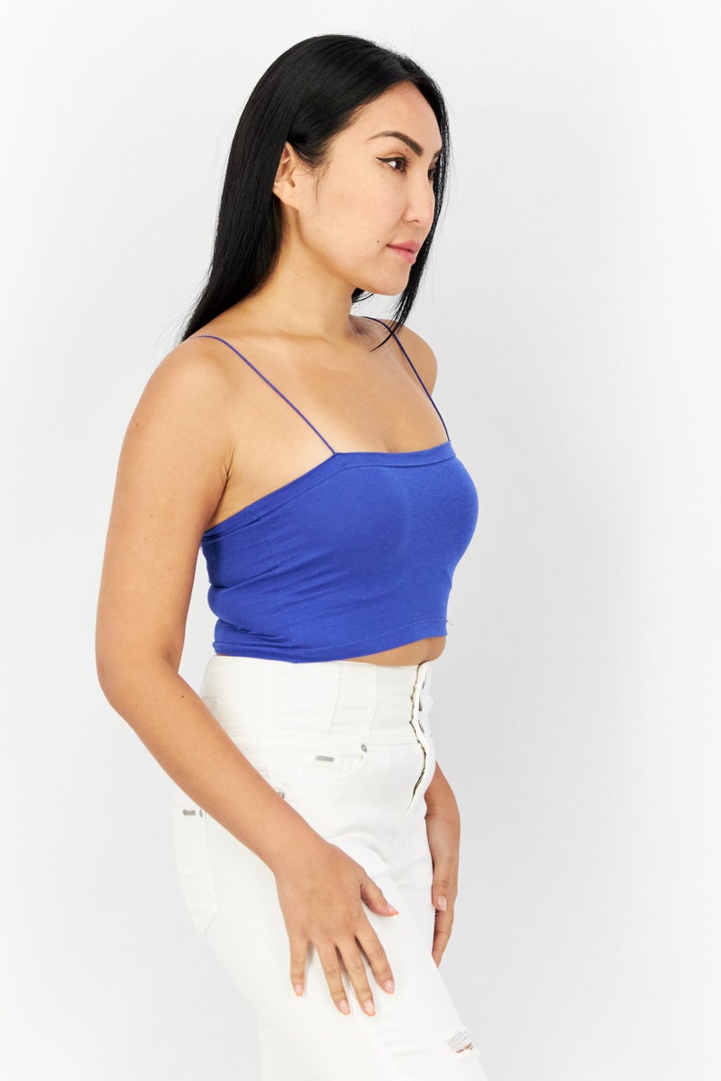 Sinsay Women Square Neck Spaghetti Sleeve Solid Top, Blue - Image 4