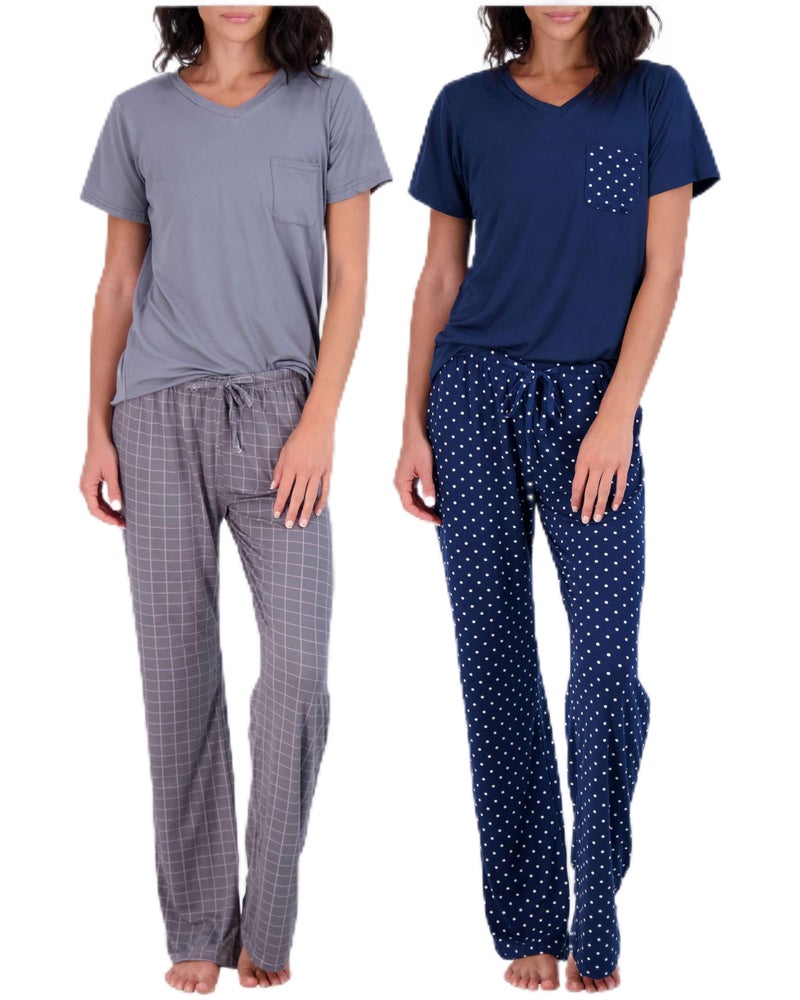 Real Essentials 2 Pack Womens Pajama Set Choose from Short Sleeve with Pocket or Long Sleeve without Pocket