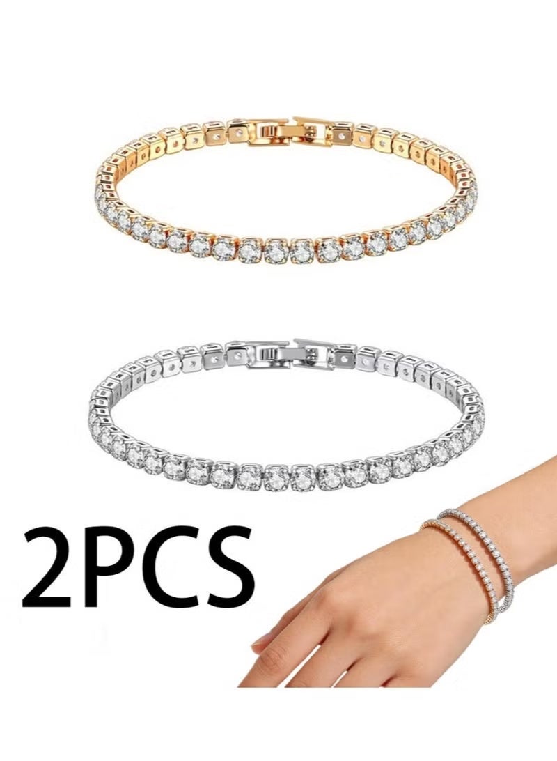 2pcs Tennis Bracelets for Women White Gold Plated AAA+ Cubic Zirconia CZ Dainty Classic Bracelet Heart Tennis Link Chain Bracelet Charm Jewelry Gifts for Women Silver Gold - Image 1