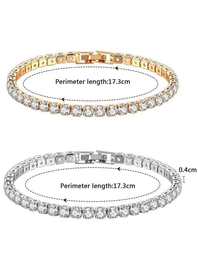 2pcs Tennis Bracelets for Women White Gold Plated AAA+ Cubic Zirconia CZ Dainty Classic Bracelet Heart Tennis Link Chain Bracelet Charm Jewelry Gifts for Women Silver Gold - Image 2