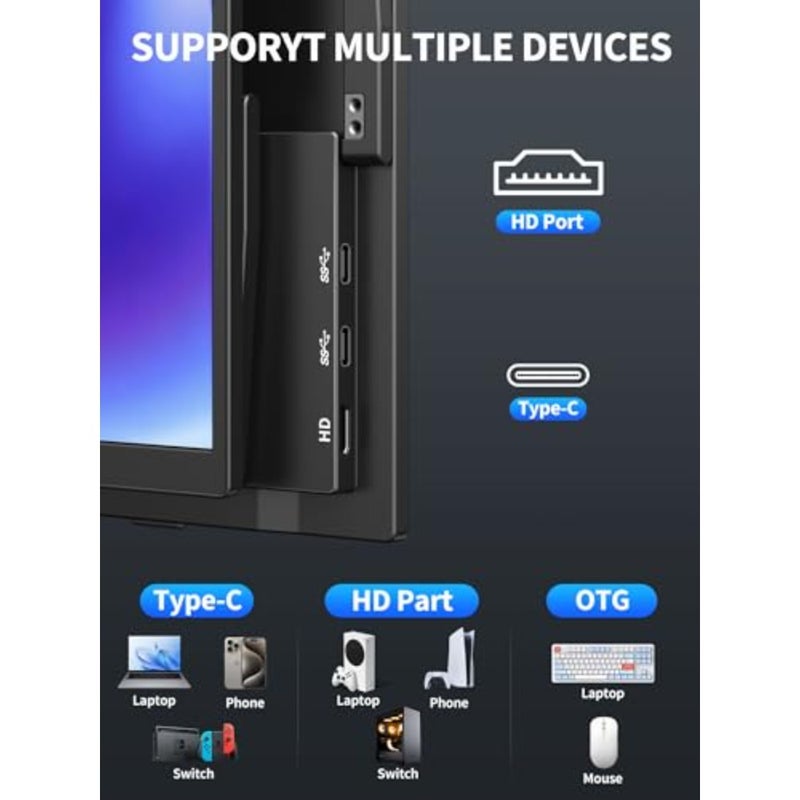شاشة محمولة لاسلكية، شاشة كمبيوتر محمول 15.6 1080 بكسل، شاشة ألعاب كمبيوتر VESA HDMI USB C مع مكبرات صوت، شاشة سفر لجهاز PS4/5 Xbox Switch MAC PC Phone - Image 5