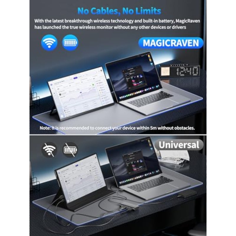 شاشة محمولة لاسلكية، شاشة كمبيوتر محمول 15.6 1080 بكسل، شاشة ألعاب كمبيوتر VESA HDMI USB C مع مكبرات صوت، شاشة سفر لجهاز PS4/5 Xbox Switch MAC PC Phone - Image 2