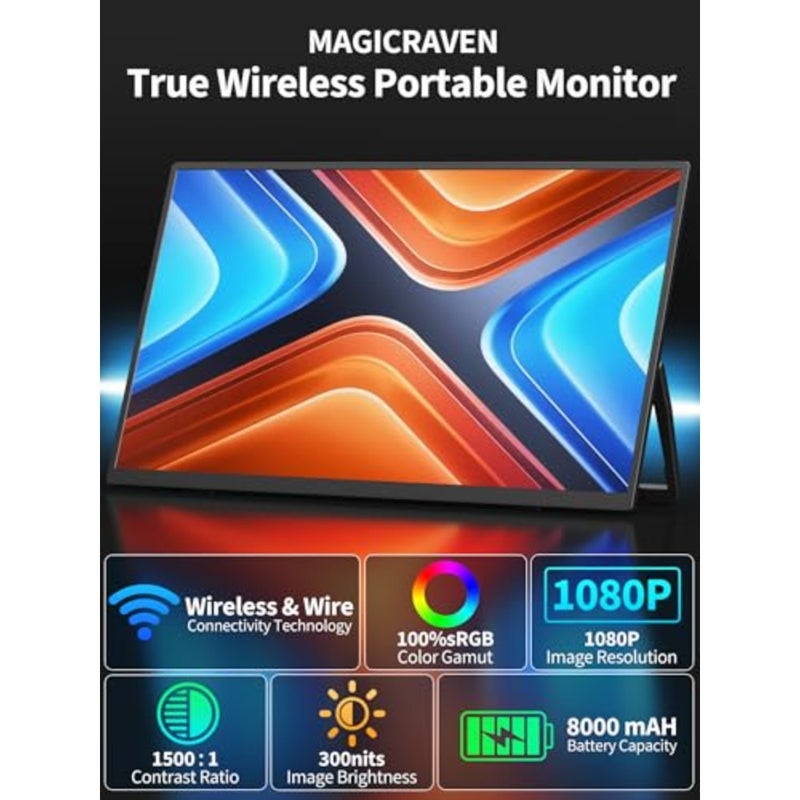 شاشة محمولة لاسلكية، شاشة كمبيوتر محمول 15.6 1080 بكسل، شاشة ألعاب كمبيوتر VESA HDMI USB C مع مكبرات صوت، شاشة سفر لجهاز PS4/5 Xbox Switch MAC PC Phone - Image 3