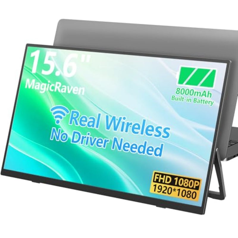 شاشة محمولة لاسلكية، شاشة كمبيوتر محمول 15.6 1080 بكسل، شاشة ألعاب كمبيوتر VESA HDMI USB C مع مكبرات صوت، شاشة سفر لجهاز PS4/5 Xbox Switch MAC PC Phone - Image 1