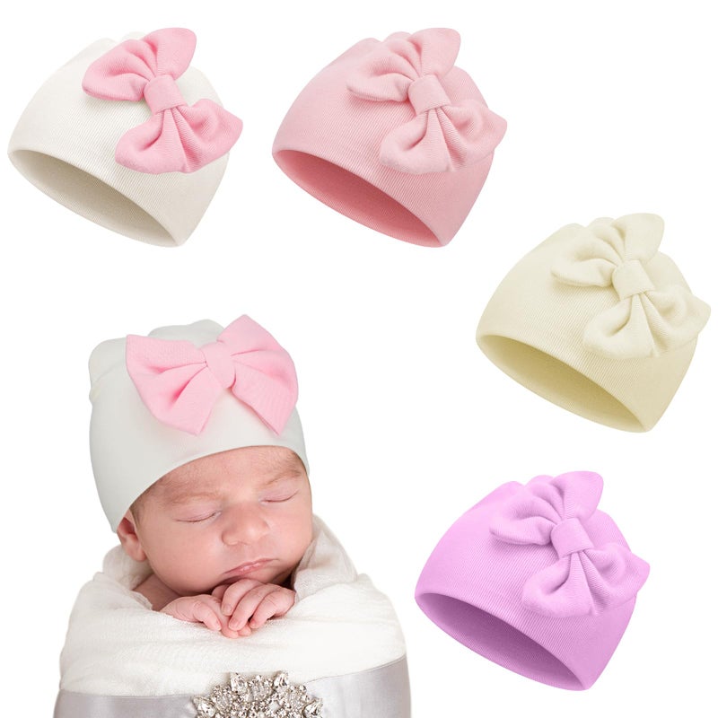 Cuffbow 4 Pcs Preemie Hats Bow Preemie Cap Warm Premature Baby Hat Cotton Preemie Beanie Hat for Preemie Newborn 3-7 Lbs (Cute Color) - Image 1