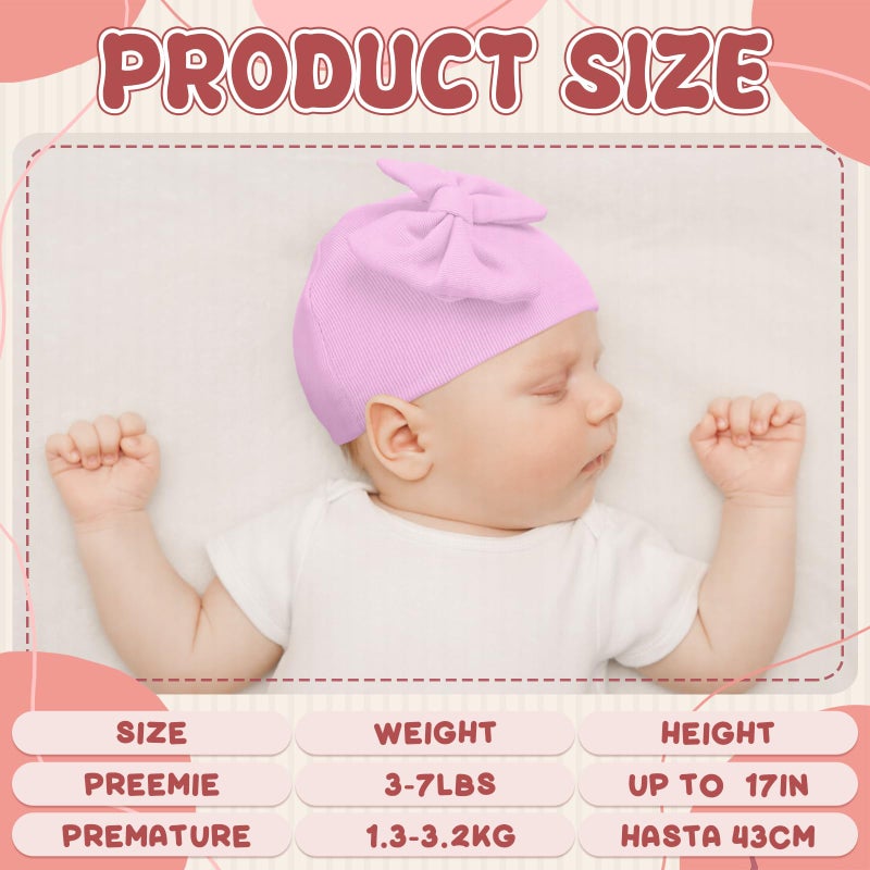 Cuffbow 4 Pcs Preemie Hats Bow Preemie Cap Warm Premature Baby Hat Cotton Preemie Beanie Hat for Preemie Newborn 3-7 Lbs (Cute Color) - Image 2
