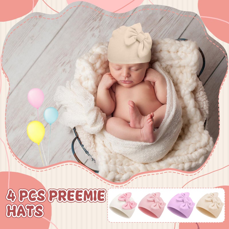 Cuffbow 4 Pcs Preemie Hats Bow Preemie Cap Warm Premature Baby Hat Cotton Preemie Beanie Hat for Preemie Newborn 3-7 Lbs (Cute Color) - Image 3