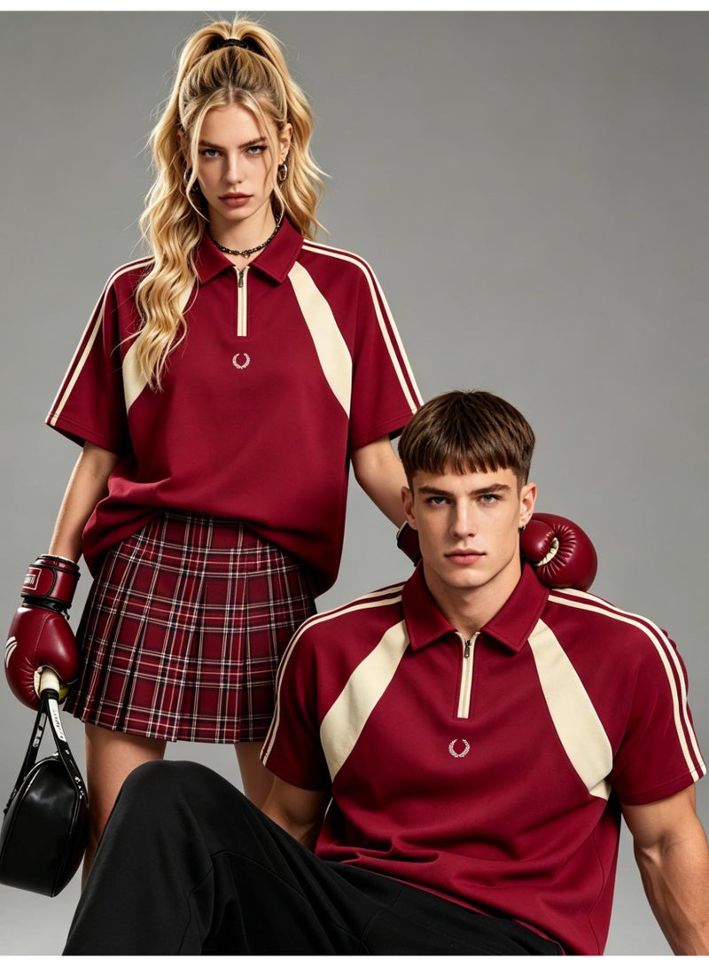 فريد بيري Fred Perry wheat ear standard couple Polo shirt American retro stitching half zipper short sleeve T-shirt loose casual sports shirt - Image 1