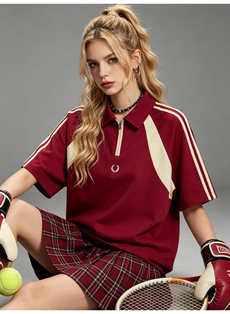 فريد بيري Fred Perry wheat ear standard couple Polo shirt American retro stitching half zipper short sleeve T-shirt loose casual sports shirt - Image 4