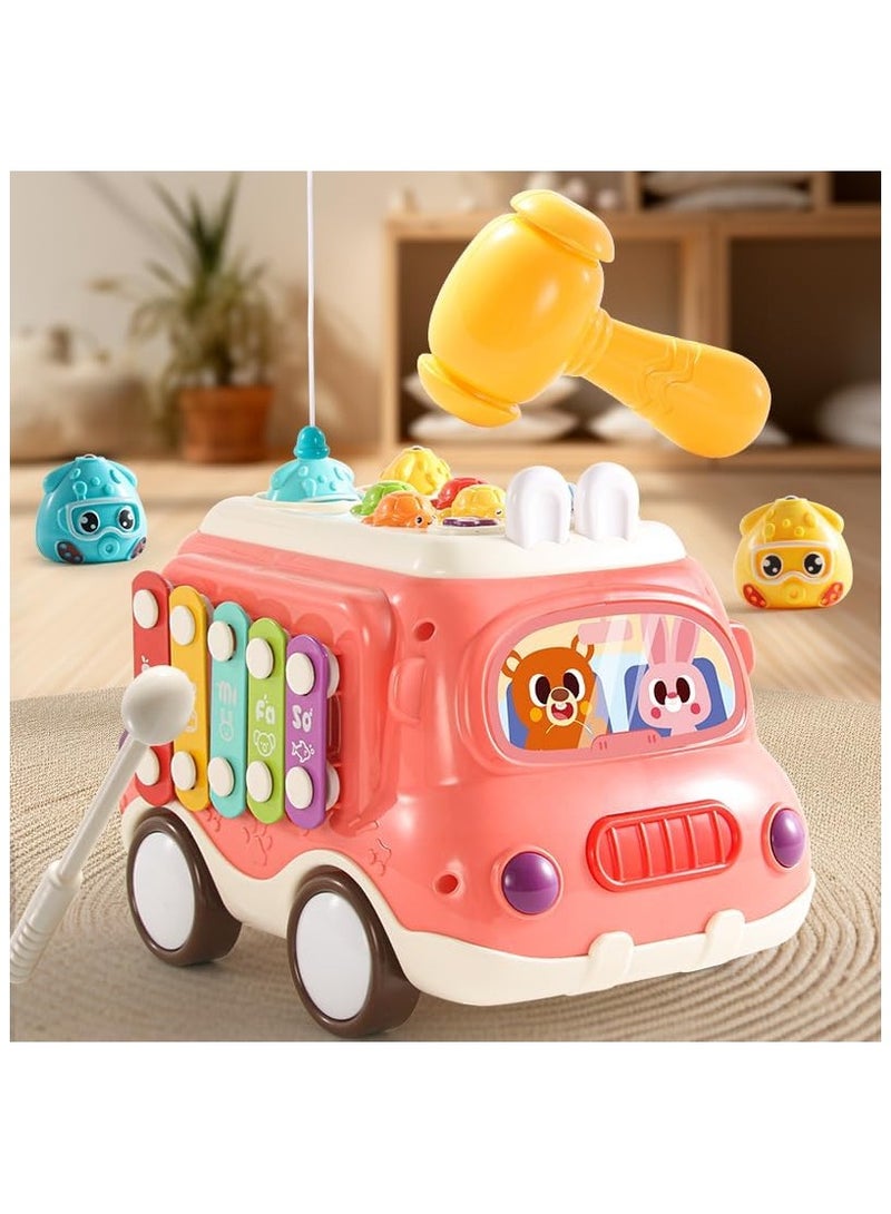 NNEWVANTE لعبة حافلة موسيقية 6 في 1 للأطفال، ألعاب سيارات مونتيسوري مع إكسيليفون ولعبة صيد الخلد، مكعب نشاط تعليمي حسي، هدايا تعليمية للأولاد والبنات من عمر 18 شهرًا فما فوق، وردي - Image 5