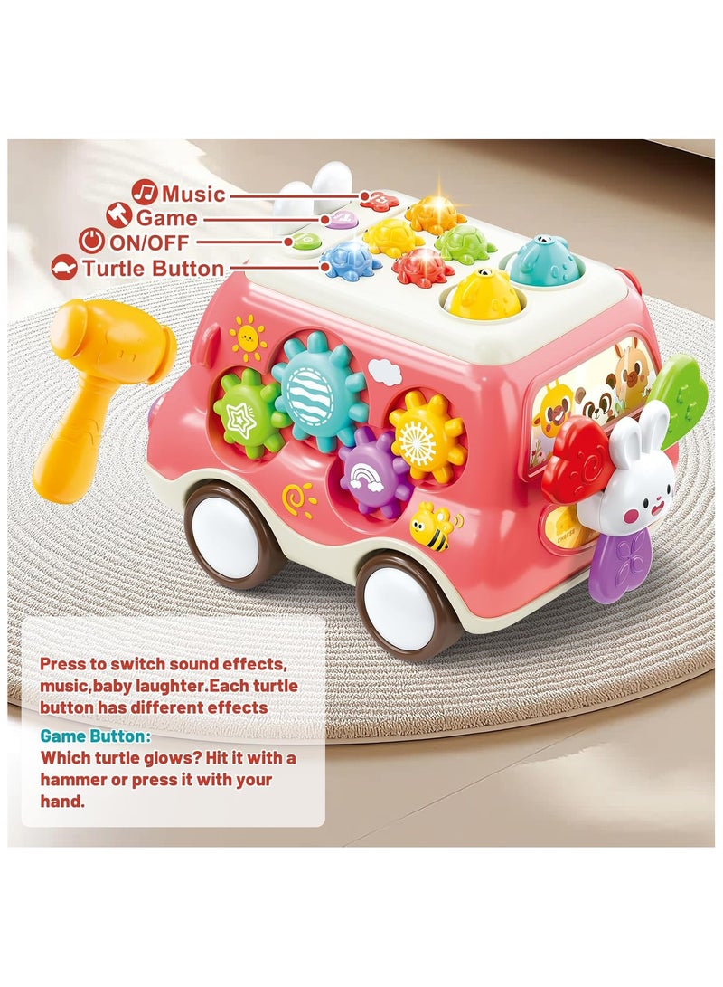 NNEWVANTE لعبة حافلة موسيقية 6 في 1 للأطفال، ألعاب سيارات مونتيسوري مع إكسيليفون ولعبة صيد الخلد، مكعب نشاط تعليمي حسي، هدايا تعليمية للأولاد والبنات من عمر 18 شهرًا فما فوق، وردي - Image 3